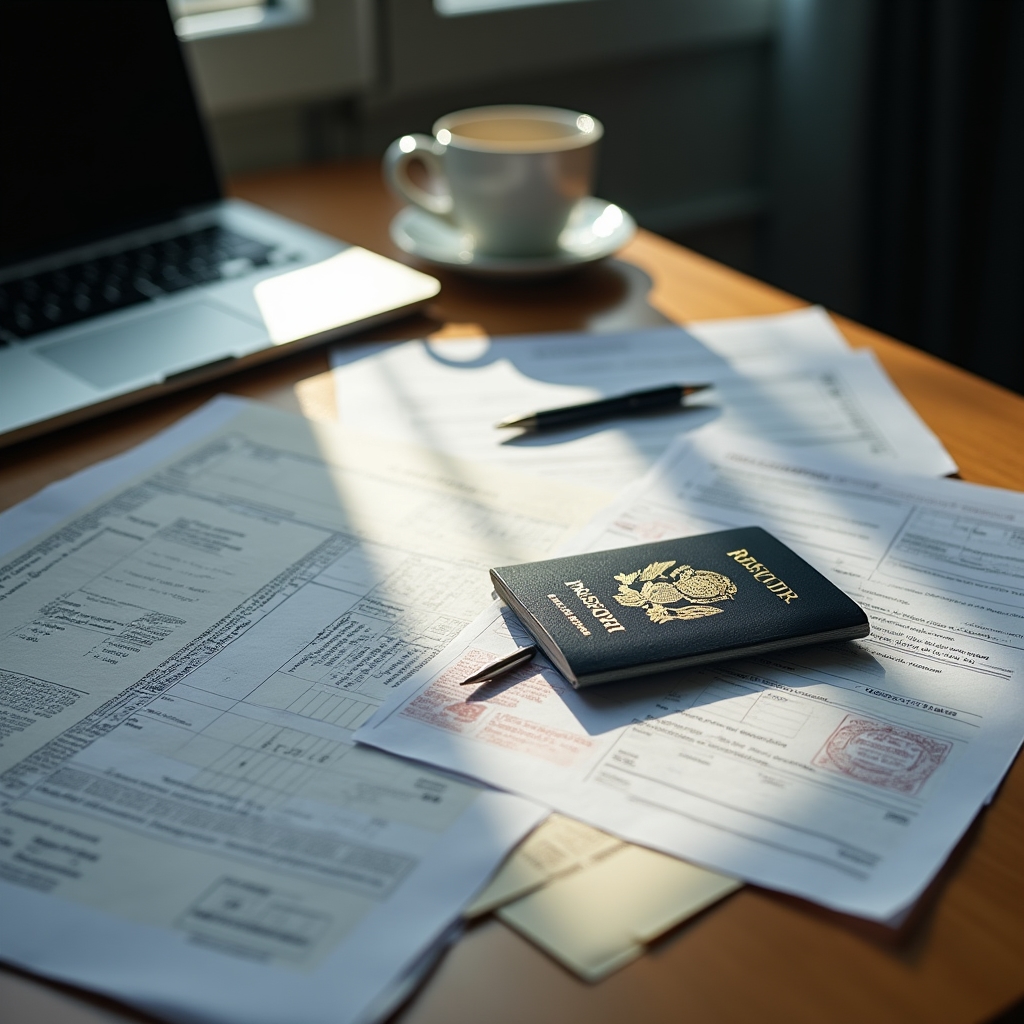 Customs documentation forms and a passport laid out on a desk during preparation for a non-EU household shipment