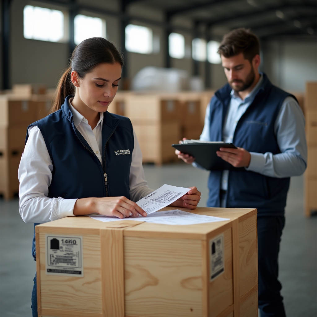 Logistics staff handling a labelled shipment crate destined for a diplomatic household relocation