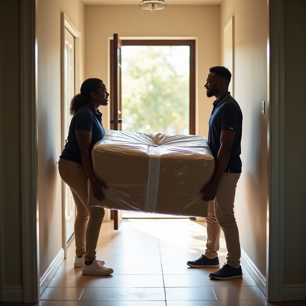 Two movers carrying a wrapped sofa into a new home during a door-to-door delivery