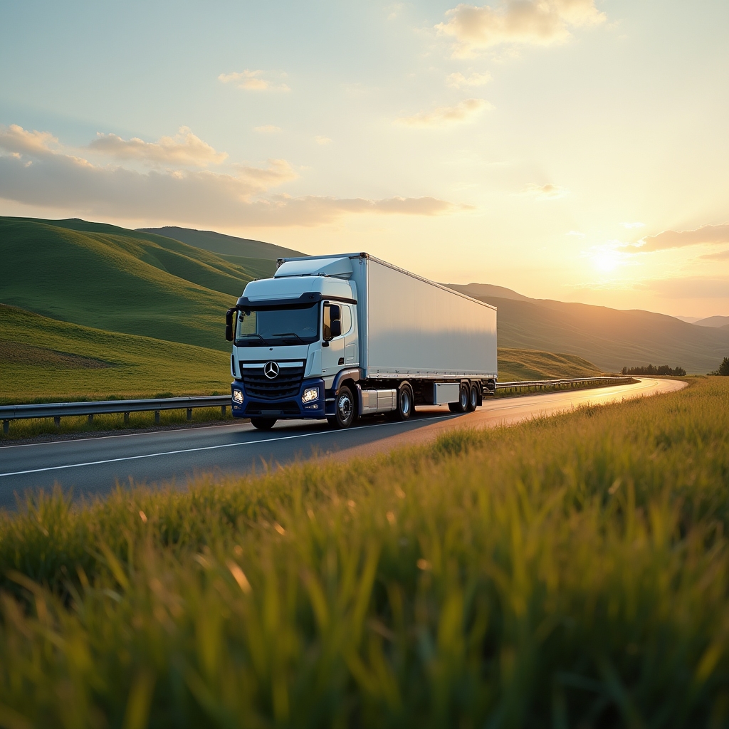 Moving truck travelling on a European road through hills toward Romania