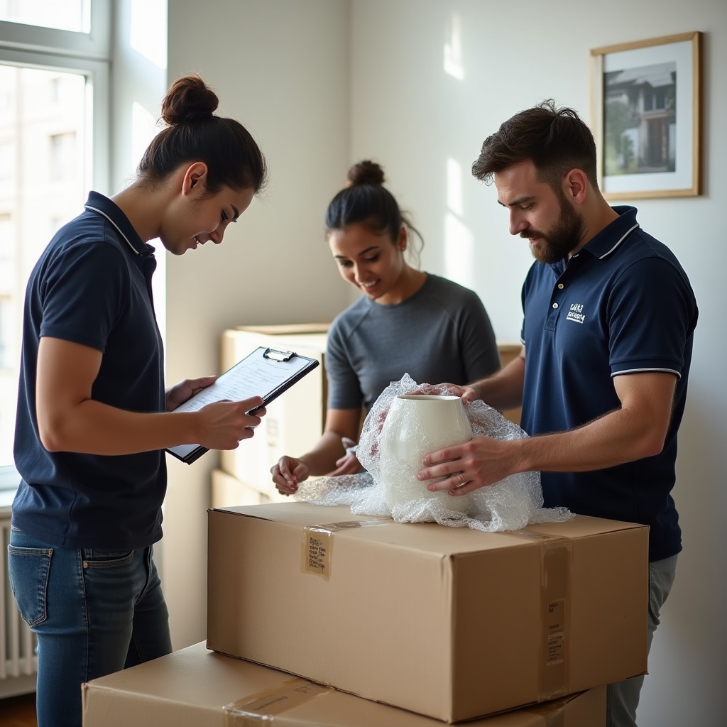 Moving staff packing household items into labelled boxes while checking an inventory sheet
