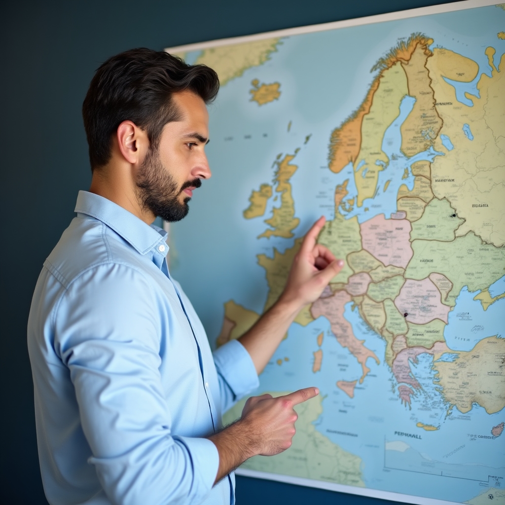 Logistics coordinator reviewing a wall map with route lines connecting European cities to Romania